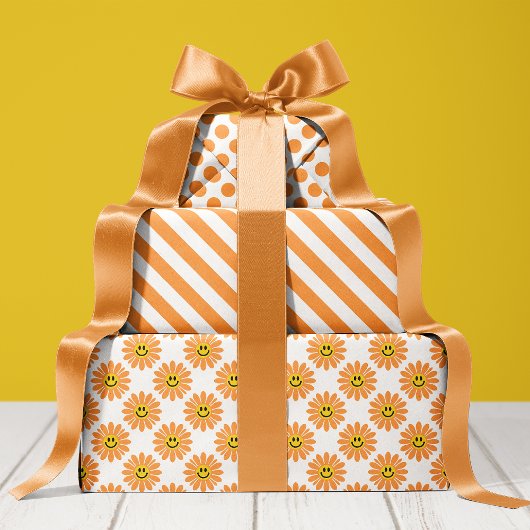 Orange Daisy Floral Stripes Polka Dot Geschenkpapier Set