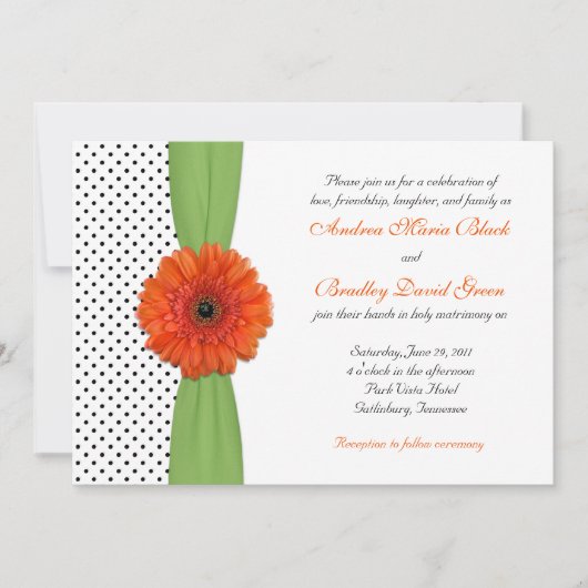 Orange Daisy Green Polka Dot Wedding Einladung (Vorderseite)
