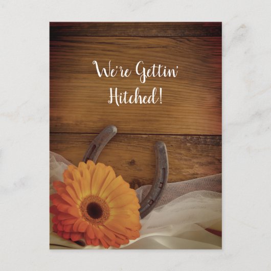 Orange Daisy Horseshoe Western Save the Date Ankündigungspostkarte (Vorderseite)