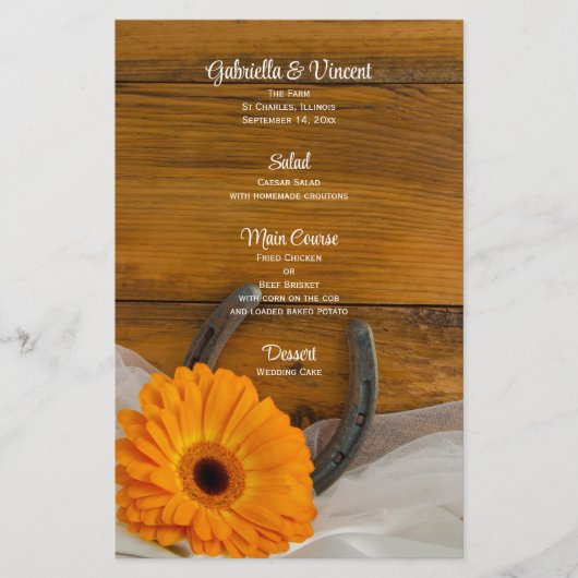 Orange Daisy Horseshoe Western Wedding Menu (Vorderseite)