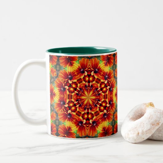 Orange Daisy Kaleidoscope Blume Art Zweifarbige Tasse (Mit Donut)