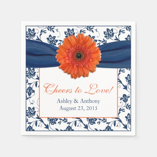 Orange Daisy Navy Blue Damask Personalisiert Hochz Serviette (Vorderseite)