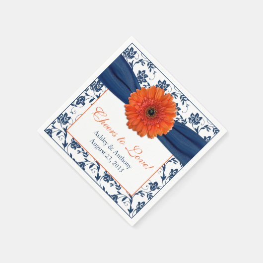 Orange Daisy Navy Blue Damask Personalisiert Hochz Serviette (Ecke)