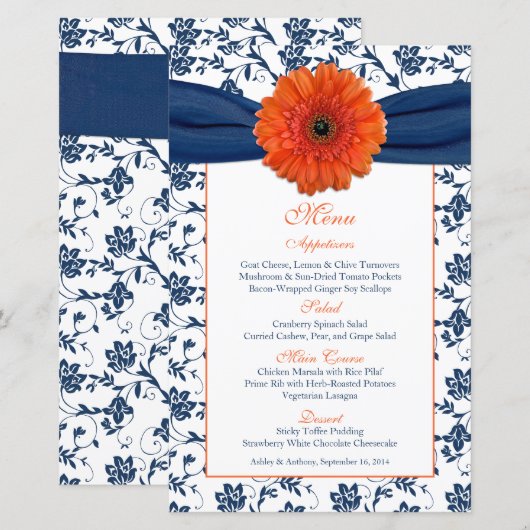 Orange Daisy Navy Blue Damask Wedding Menu Card (Vorne/Hinten)