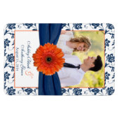 Orange Daisy Navy Blue Floral Wedding Foto Magnet (Horizontal)