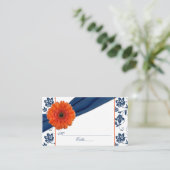 Orange Daisy Navy Blue Floral Wedding Platzkarten (Stehend Vorderseite)