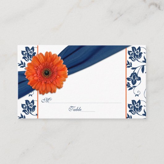 Orange Daisy Navy Blue Floral Wedding Platzkarten (Vorderseite)
