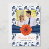 Orange Daisy Navy Damask Foto Save the Date (Vorderseite)