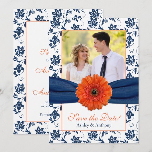 Orange Daisy Navy Damask Foto Save the Date (Vorne/Hinten)