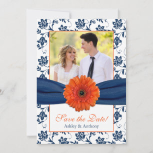Orange Daisy Navy Damask Foto Save the Date