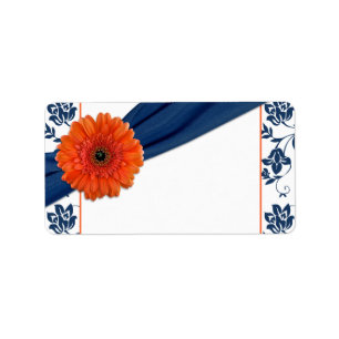 Orange Daisy Navy Damask Wedding Blank Address Adressaufkleber