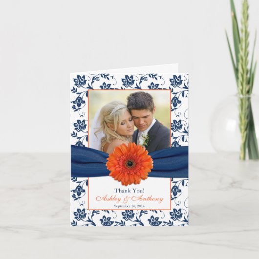 Orange Daisy Navy Damask Wedding Dankeschön Karte (Vorderseite)
