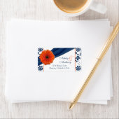Orange Daisy Navy Damask Wedding Rücksendeadresse Adressaufkleber (Insitu)