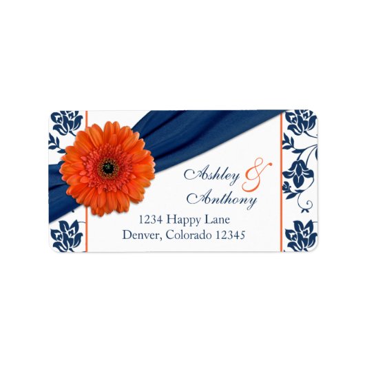 Orange Daisy Navy Damask Wedding Rücksendeadresse Adressaufkleber (Vorne)