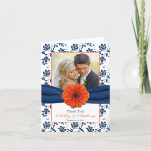 Orange Daisy Navy Damast Hochzeit Danke Karte