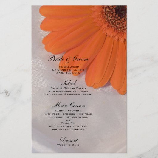 Orange Daisy on White Satin Wedding Menu (Vorderseite)