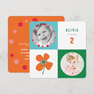Orange Daisy Pop Square Girl I L'Orte Birthday Fot Einladung