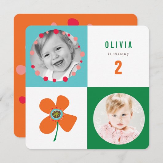 Orange Daisy Pop Square Girl I L'Orte Birthday Fot Einladung (Vorne/Hinten)