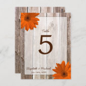 Orange Daisy Rustic Barn Wood Wedding Tischnummer (Vorne/Hinten)
