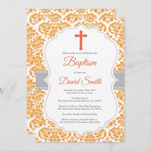 Orange Damask Cross Baptismus Einladung (Vorne/Hinten)