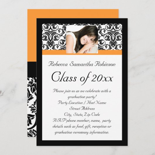 Orange Damask Foto Girl's Abschluss Einladung (Vorne/Hinten)