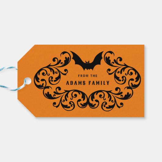 Orange Damask Glam Bats und Spider Happy Halloween Geschenkanhänger (Rückseite Horizontal)