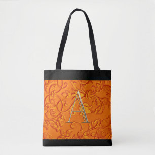 Orange Damask Gold Monogram Initial Tasche
