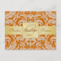 Orange Damask Gold Monogram Save the Date Postkart