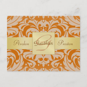 Orange Damask Gold Monogram Save the Date Postkart Ankündigungspostkarte