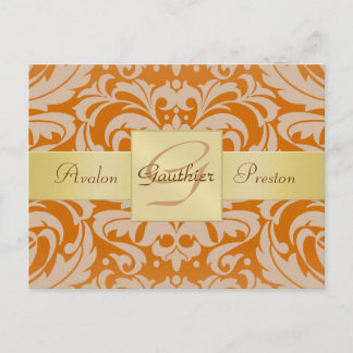 Orange Damask Gold Monogram Save the Date Postkart Ankündigungspostkarte