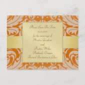 Orange Damask Gold Monogram Save the Date Postkart Ankündigungspostkarte (Rückseite)
