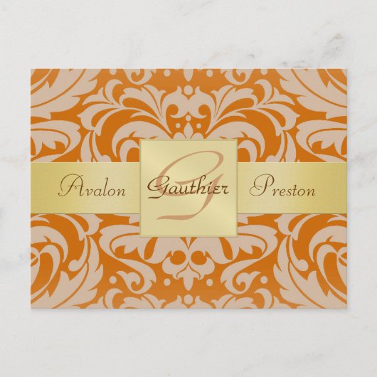 Orange Damask Gold Monogram Save the Date Postkart Ankündigungspostkarte (Vorderseite)