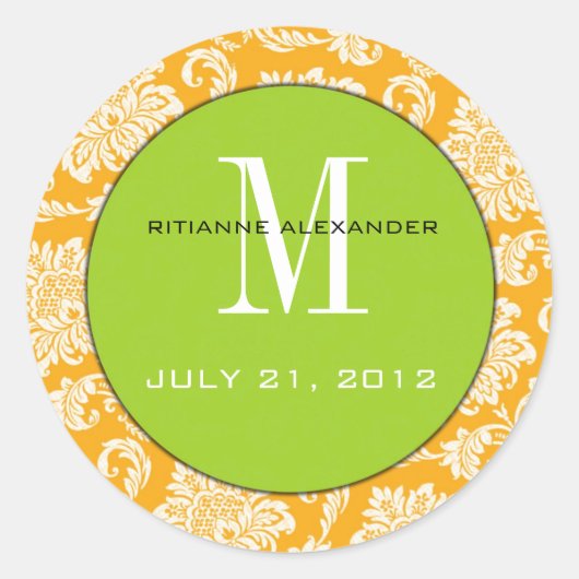 Orange Damask Green Monogram Wedding Sticker (Vorderseite)