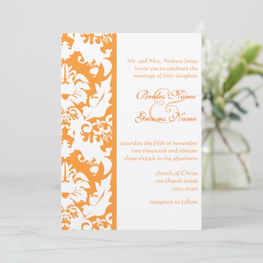 Orange Damask Hochzeitseinladungen Einladung (Stehend Vorderseite)