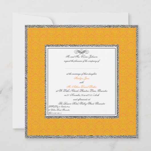 Orange Damask mit Pewter, UK, Einladung zur Hochze (Vorderseite)