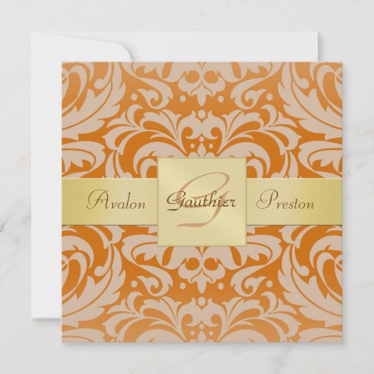 Orange Damask Monogram Gold Ribbon Einladung (Vorderseite)