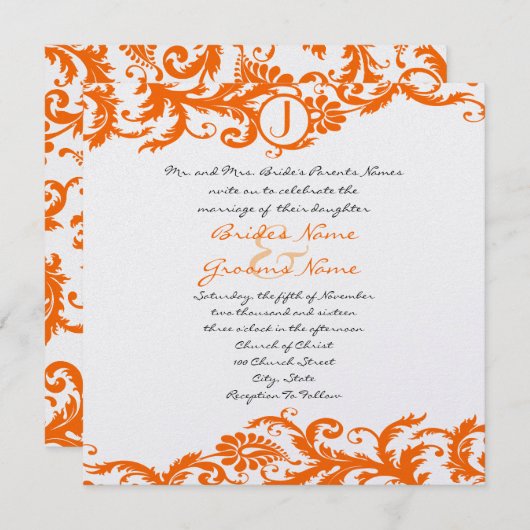Orange Damask Monogram Wedding Einladung (Vorne/Hinten)