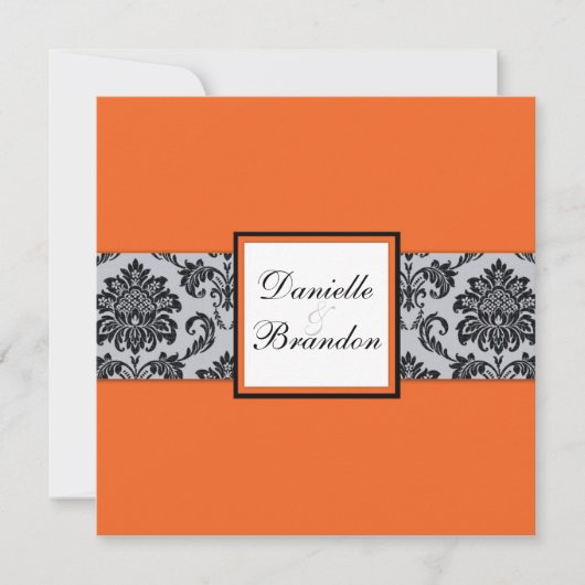 Orange Damask Monogram Wedding Einladung (Vorderseite)