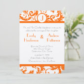 Orange Damask Monogram Wedding Einladung (Stehend Vorderseite)