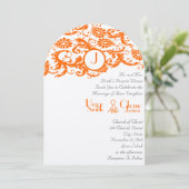 Orange Damask Monogram Wedding Einladung (Stehend Vorderseite)