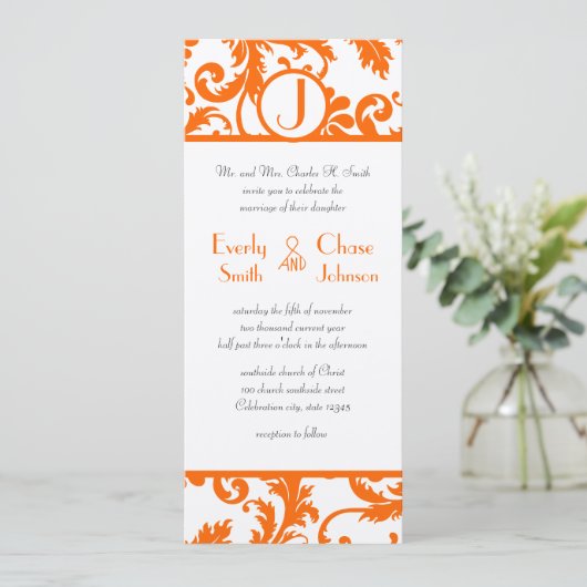 Orange Damask Monogram Wedding Einladung (Stehend Vorderseite)