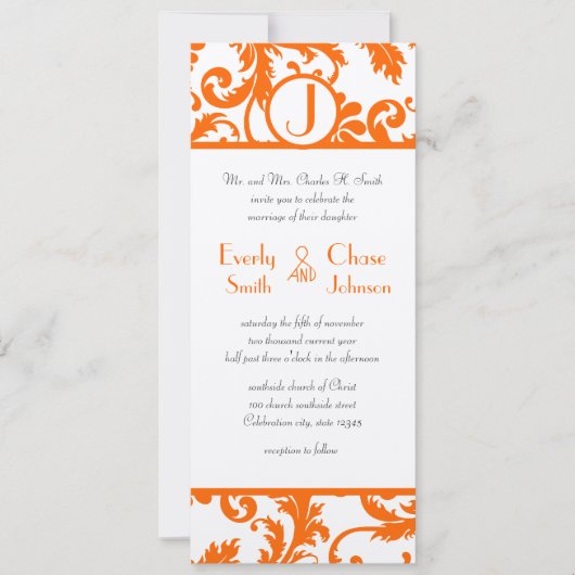 Orange Damask Monogram Wedding Einladung (Vorderseite)