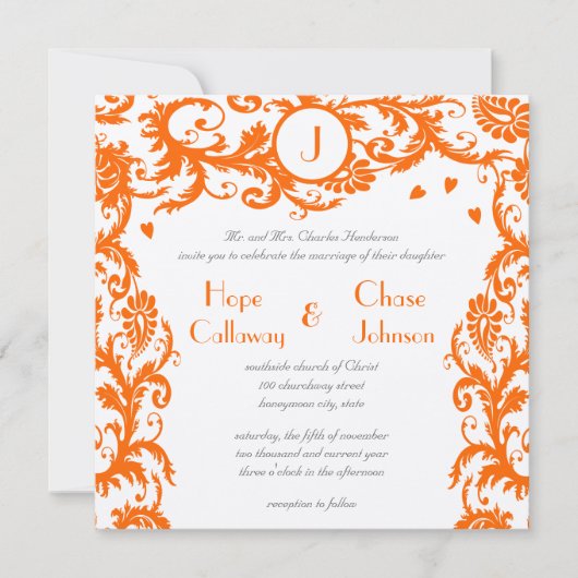 Orange Damask Monogram Wedding Einladung (Vorderseite)