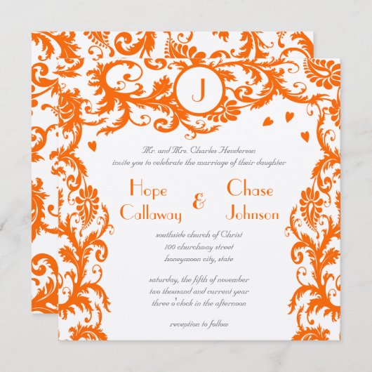 Orange Damask Monogram Wedding Einladung (Vorne/Hinten)