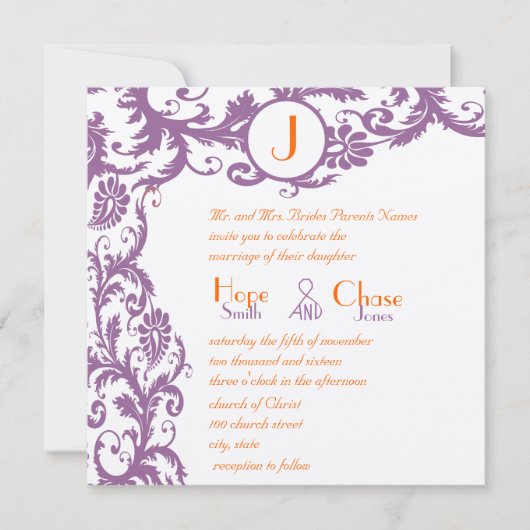 Orange Damask Monogram Wedding Einladung (Vorderseite)