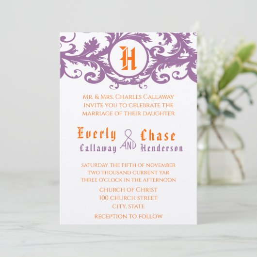 Orange Damask Monogram Wedding Einladung (Stehend Vorderseite)