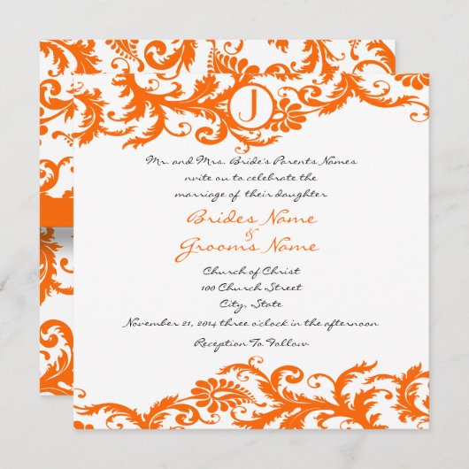 Orange Damask Monogram Wedding Einladung (Vorne/Hinten)