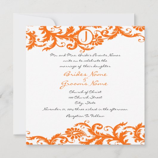 Orange Damask Monogram Wedding Einladung (Vorderseite)