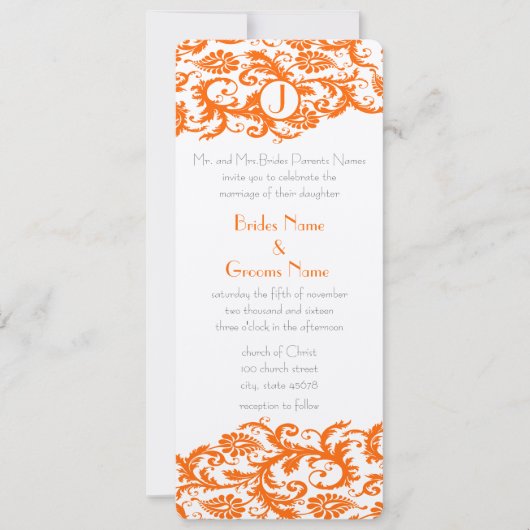 Orange Damask Monogram Wedding Einladung (Vorderseite)