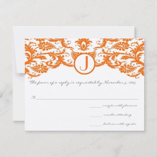 Orange Damask Monogram Wedding RSVP Cards (Rückseite)